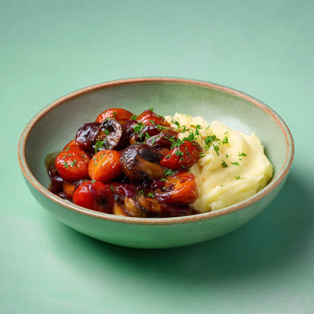 Bourguignon végé, carottes confites et écrasé de pommes de terre à l'huile d'olive