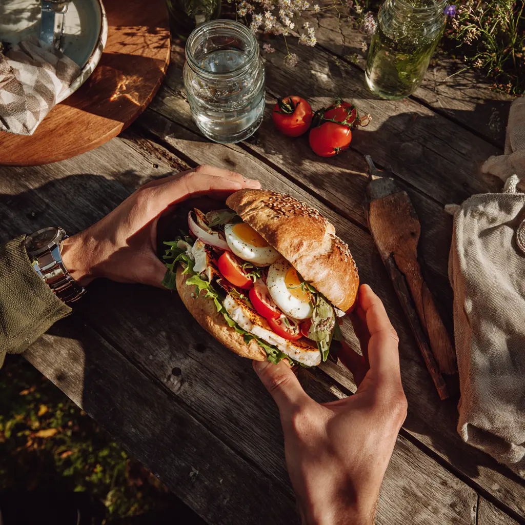Pique -Mie "Caesar" (pain bagel, poulet, œuf,  salade, tomates, parmesan, sauce caesar)